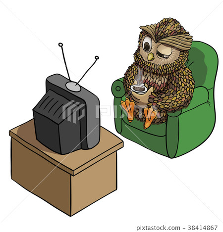 Sleepy Owl With Cup Of Coffee Watching Tv Stock Ilration Sleepy Owl With Cup Of Coffee Watching Tv
