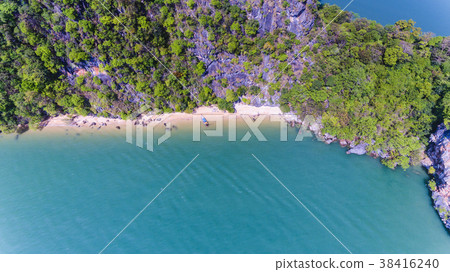 Aerial view of island with local fisherman boat 38416240