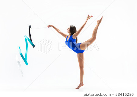 The portrait of beautiful woman gymnast on white 38416286