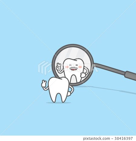 Tooth character look at the dental mirror vector Tooth character look at the dental mirror vector 38416397