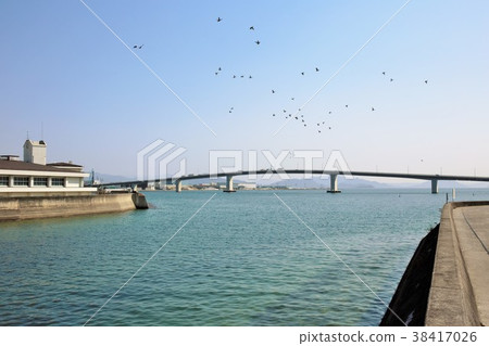 從位於廣島縣Sak市的Ikaichi Ebisu-en的Oka Shimokawa看到的廣島有鳥或橋Otori 從位於廣島縣Sak市的Ikaichi Ebisu-en的Oka Shimokawa看到的廣島有鳥或橋Otori 38417026