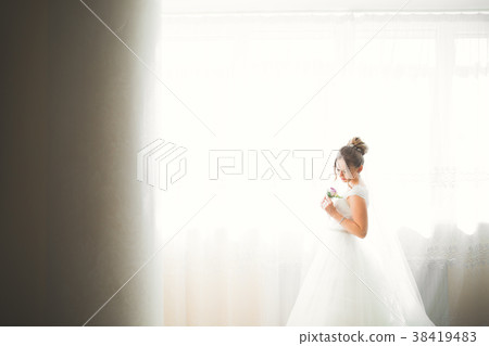 Portrait of beautiful bride with fashion veil at Portrait of beautiful bride with fashion veil at 38419483