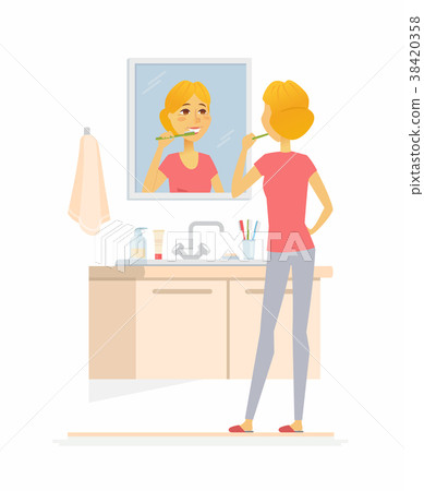 Young woman brushing her teeth - cartoon people 38420358