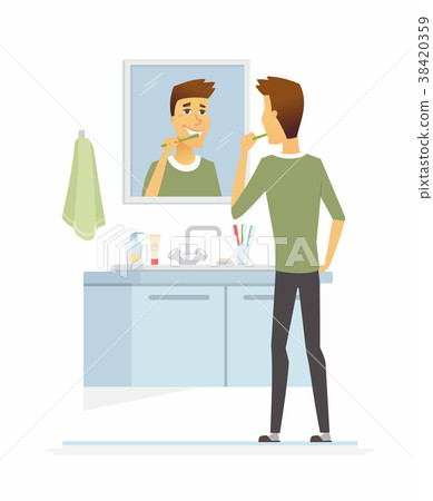 Young man brushing his teeth - cartoon people 38420359