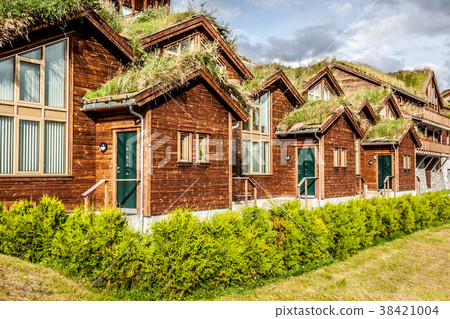 Typical norwegian house with grass on the roof Typical norwegian house with grass on the roof 38421004