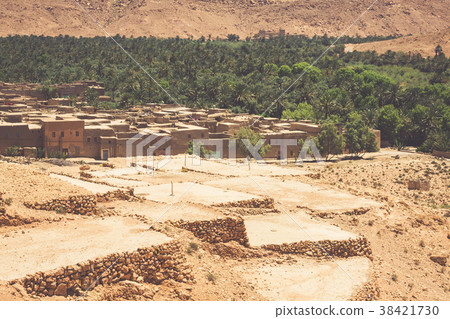 A village at an oasis at the bottom of a canyon  38421730