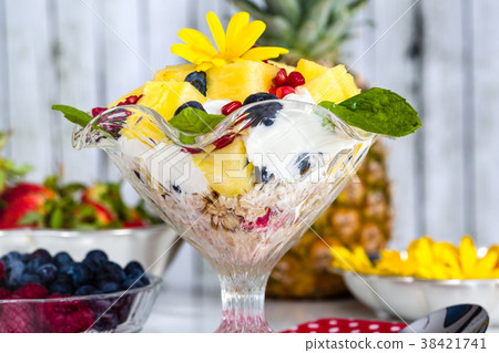 Breakfast: muesli, yogurt, fruit, edible flowers Breakfast: muesli, yogurt, fruit, edible flowers 38421741