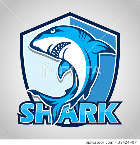 Cartoon shark with blue shield on gray background Cartoon shark with blue shield on gray background 38424497