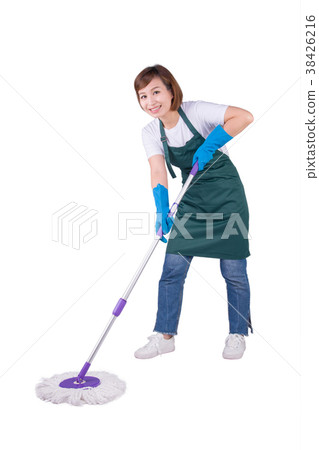 Housewife uses mop to clean the ground Housewife uses mop to clean the ground 38426216