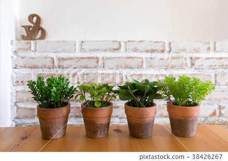 Four artificial plants in clay pot on wooden table Four artificial plants in clay pot on wooden table 38426267
