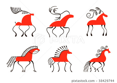 Set of six red horses. National northen paintings 38429744