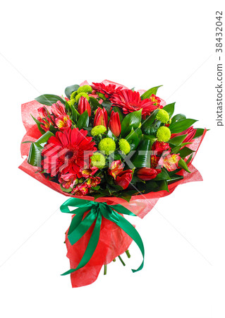 Bouquet of gerberas, tulips, bush chrysanthemums 38432042