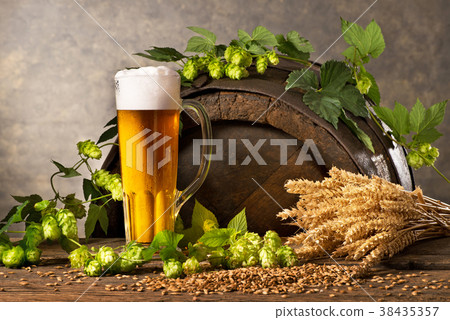 Still Life with Beer Glass, Hop Cones and Wheat 38435357