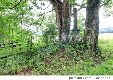 Old wayside cross on the crossroad Old wayside cross on the crossroad 38435654