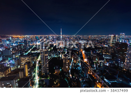 Aerial view of Tokyo Tower at night Aerial view of Tokyo Tower at night 38437499