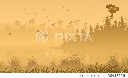 Forest with its reflection in lake and flock. 38437556