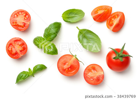 Tomatoes and Basil Leaves Isolated on White 38439769