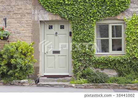 Wooden doors to a house with climbing ivy, shrubs 38441002