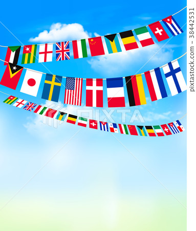 World bunting flags on blue sky. World bunting flags on blue sky. 38442531