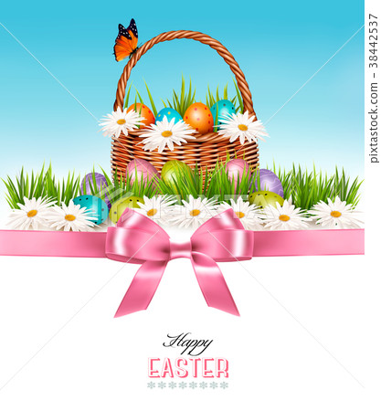 Happy Easter background. Eggs in a basket. Vector. 38442537