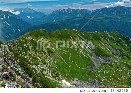 View of the mountain trail to Karl from the summit of the northern Alps / Goro Kurobe mountain, and the views of Tateyama, Unnohira, and Quartz mountain View of the mountain trail to Karl from the summit of the northern Alps / Goro Kurobe mountain, and the views of Tateyama, Unnohira, and Quartz mountain 38442986