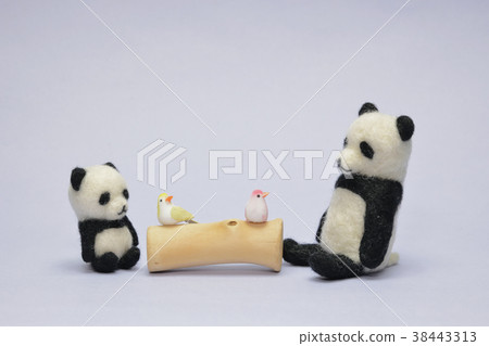 逗人喜愛的父母和兒童熊貓和小的鳥 逗人喜愛的父母和兒童熊貓和小的鳥 38443313