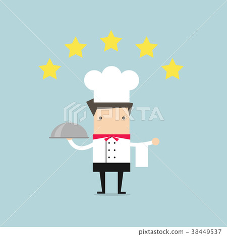 Cook chef holding hot plate with five star rating. Cook chef holding hot plate with five star rating. 38449537