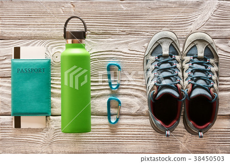 Travel items for hiking flat lay Travel items for hiking flat lay 38450503