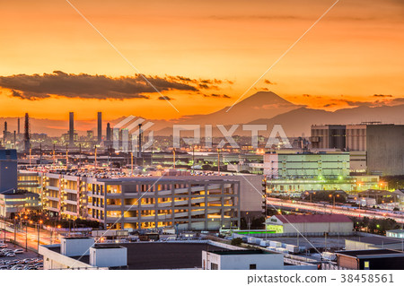 Kawasaki, Japan with Factories and Mt. Fuji 38458561