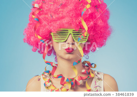 Portrait of beautiful party woman in pink wig 38461839