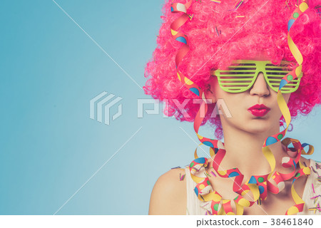 Portrait of beautiful party woman in pink wig 38461840