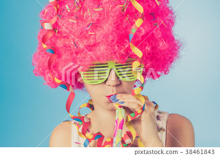 Portrait of beautiful party woman in pink wig 38461843
