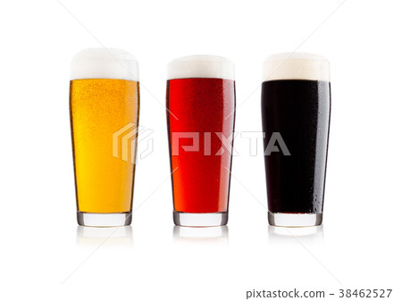 Cold glasses of lager stout and red beer with dew Cold glasses of lager stout and red beer with dew 38462527