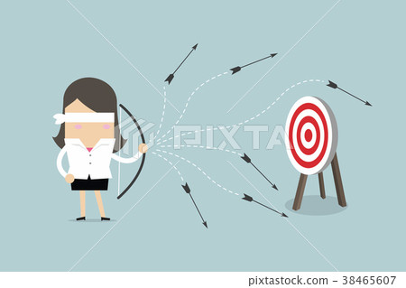 Blindfold businesswoman with bow and arrow misses Blindfold businesswoman with bow and arrow misses 38465607