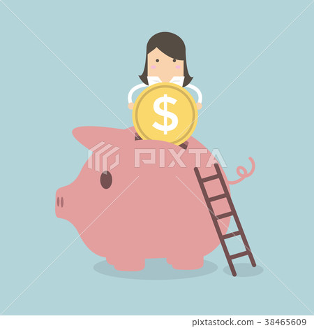 Businesswoman putting coin into piggy bank. Businesswoman putting coin into piggy bank. 38465609