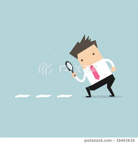 Businessman searching through a magnifying glass. 38465616