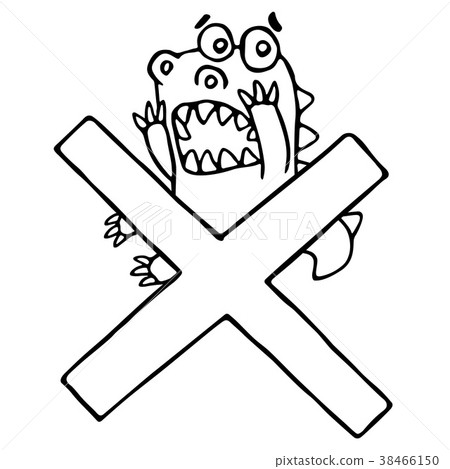 Cartoon funky dragon and big cross mark. Vector 38466150