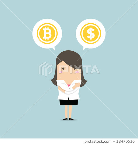 Businesswoman with Bitcoin or dollar choice. Businesswoman with Bitcoin or dollar choice. 38470536