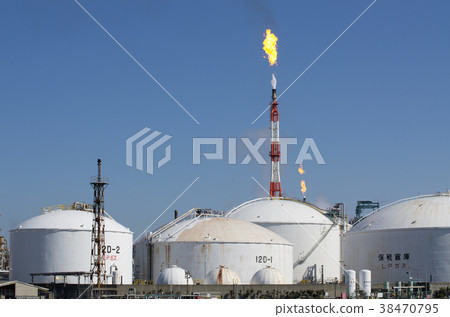 Industrial zone tank and chimney blowing flames 38470795