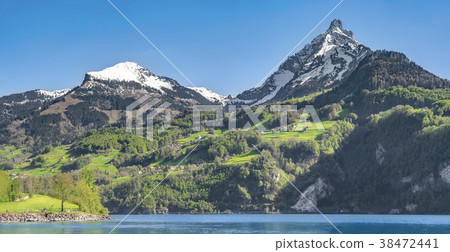 Swiss Alps mountains and lake on a sunny day Swiss Alps mountains and lake on a sunny day 38472441