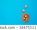 Spotted quail eggs  on turquoise background.  38475511