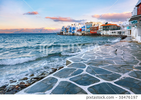 Little Venice at night on island Mykonos, Greece 38476197