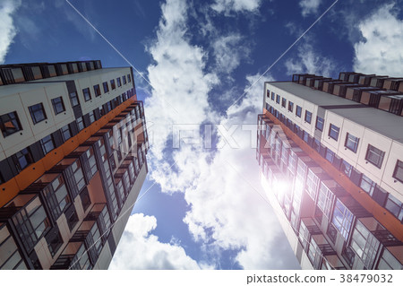 Skyscrapers on a background of blue sky. View from Skyscrapers on a background of blue sky. View from 38479032