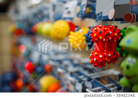 Pet shop, shelves with accessories, closeup Pet shop, shelves with accessories, closeup 38482348