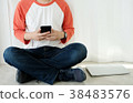 Man using smart phone and laptop computer 38483576