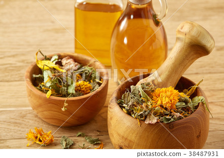 Picturesque composition of oil jars, pestle and Picturesque composition of oil jars, pestle and 38487931