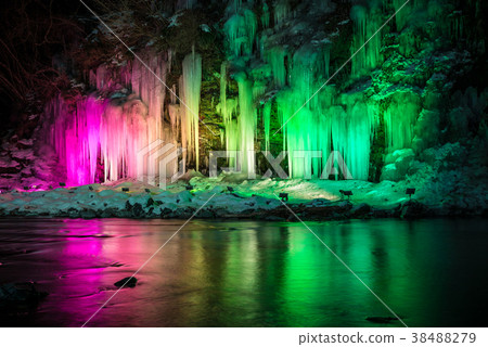 Ice pillar of thirty hammer Mikazuki no Oclite Light Up Night view (Chichibu city, Saitama Prefecture) February 2018 38488279