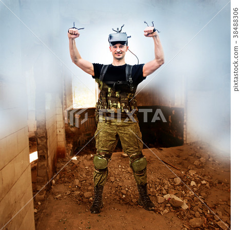 Man in Real and virtual world on one image Man in Real and virtual world on one image 38488306