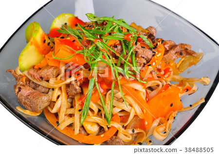 Udon with beef and vegetables on white background 38488505