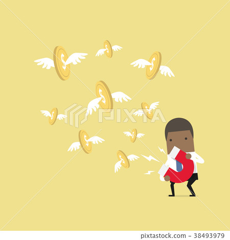 African businessman attracting gold dollar coin. 38493979